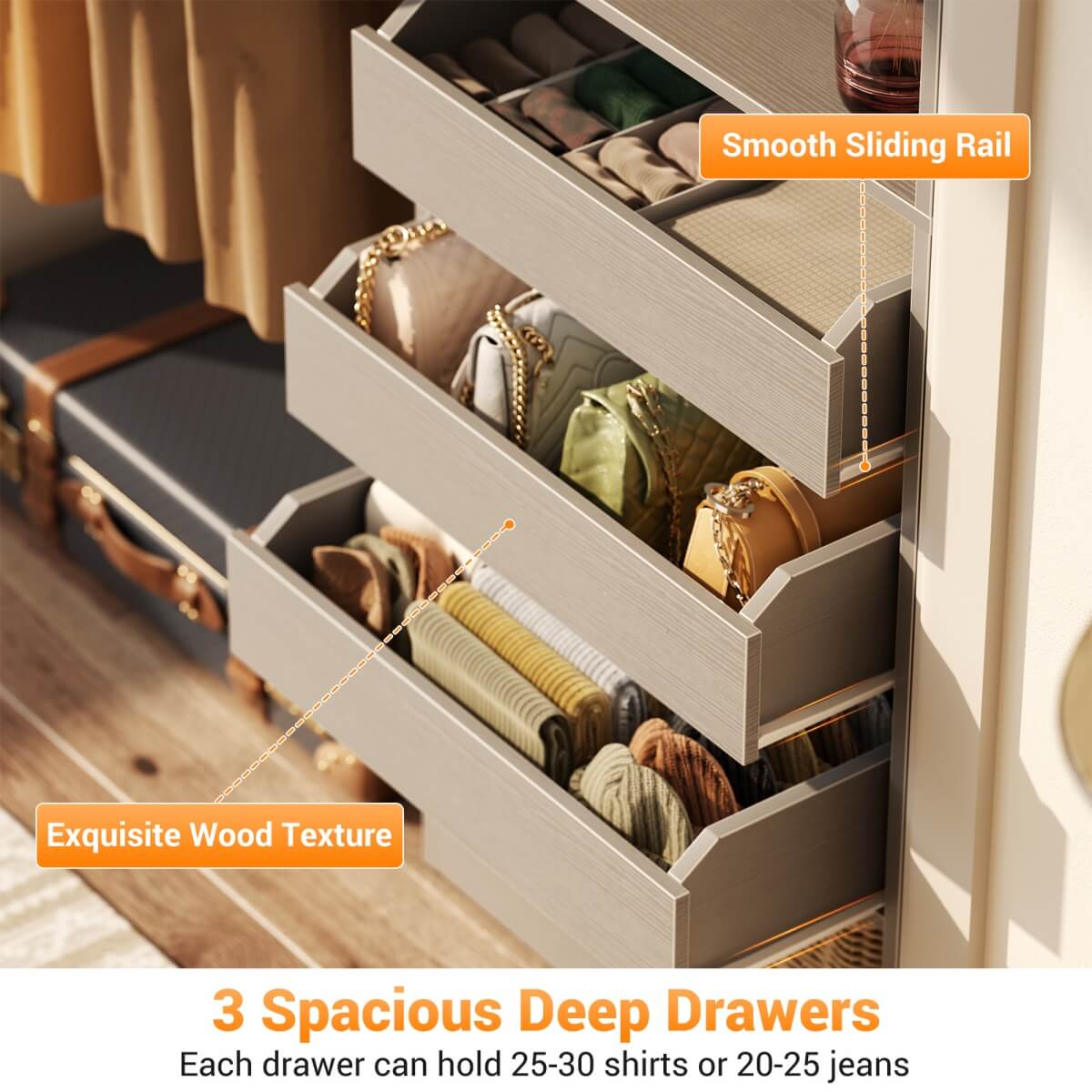 5FT Closet Organizer System with 3 Drawers and 2 Hanging Rods, Reversible Design