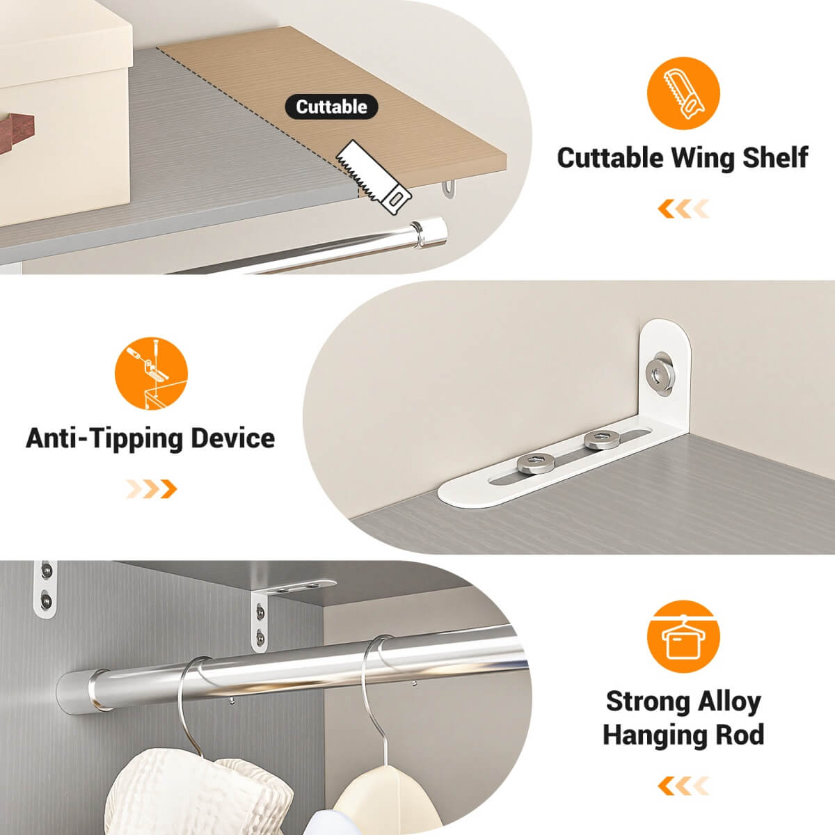 5FT Closet Organizer System with 3 Drawers and 2 Hanging Rods, Reversible Design