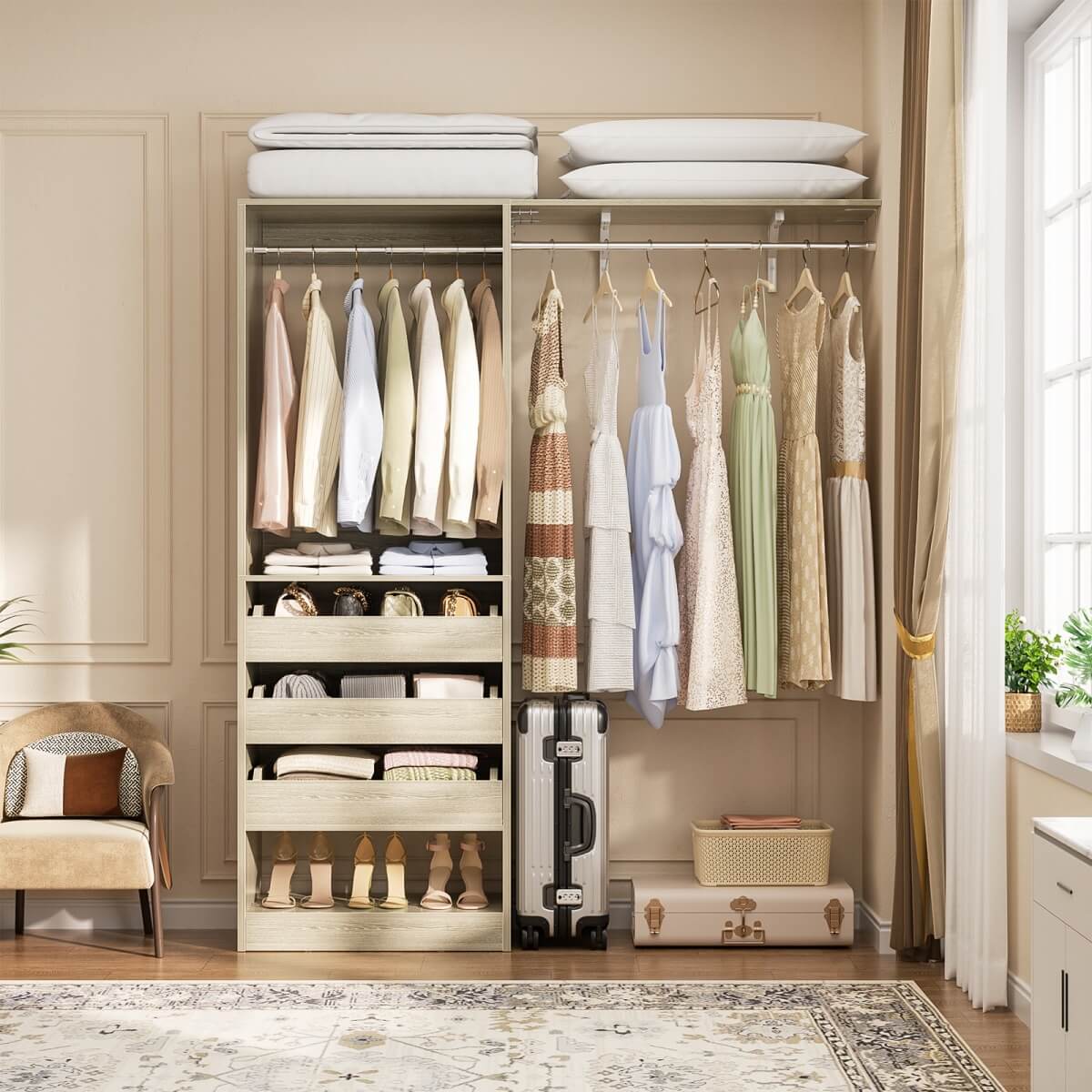 5FT Closet Organizer System with 3 Drawers and 2 Hanging Rods, Reversible Design