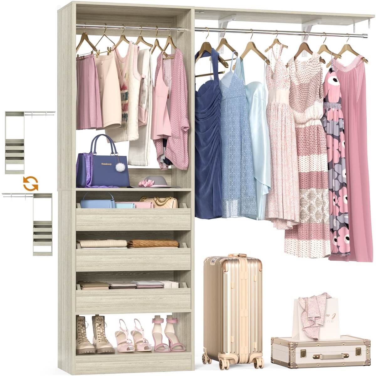 5FT Closet Organizer System with 3 Drawers and 2 Hanging Rods, Reversible Design