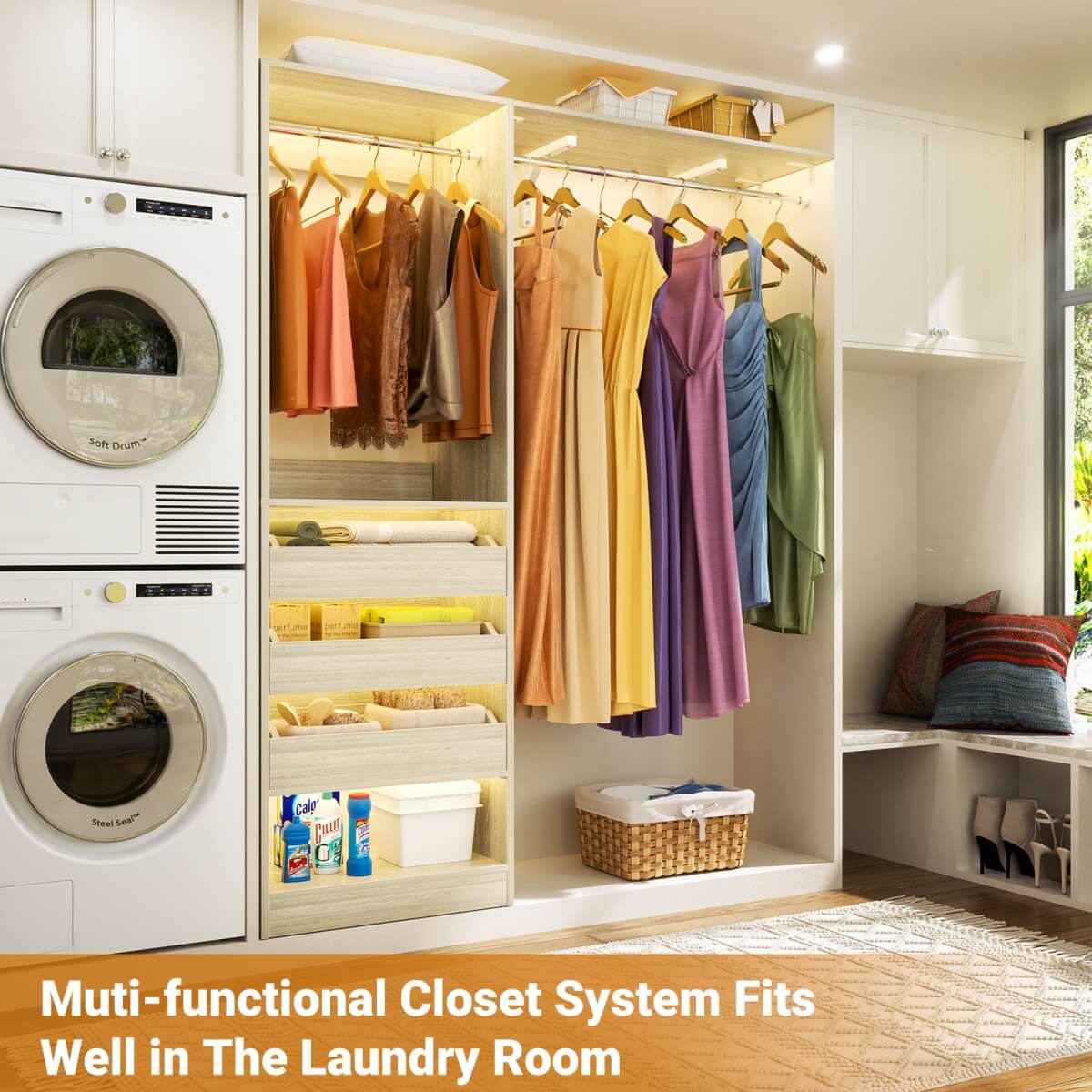 5FT Closet Organizer System with 3 Drawers and 2 Hanging Rods, Reversible Design