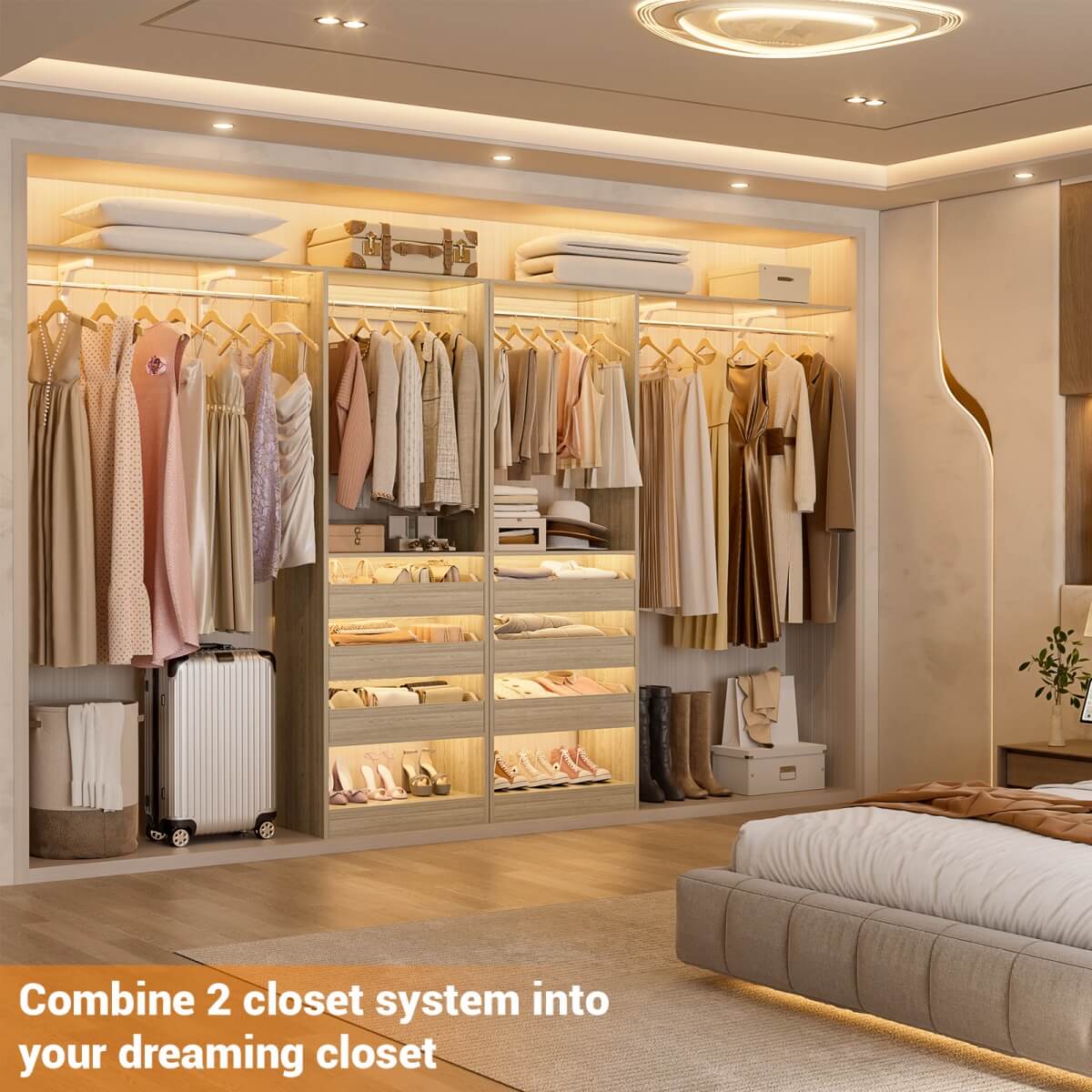 5FT Closet Organizer System with 3 Drawers and 2 Hanging Rods, Reversible Design