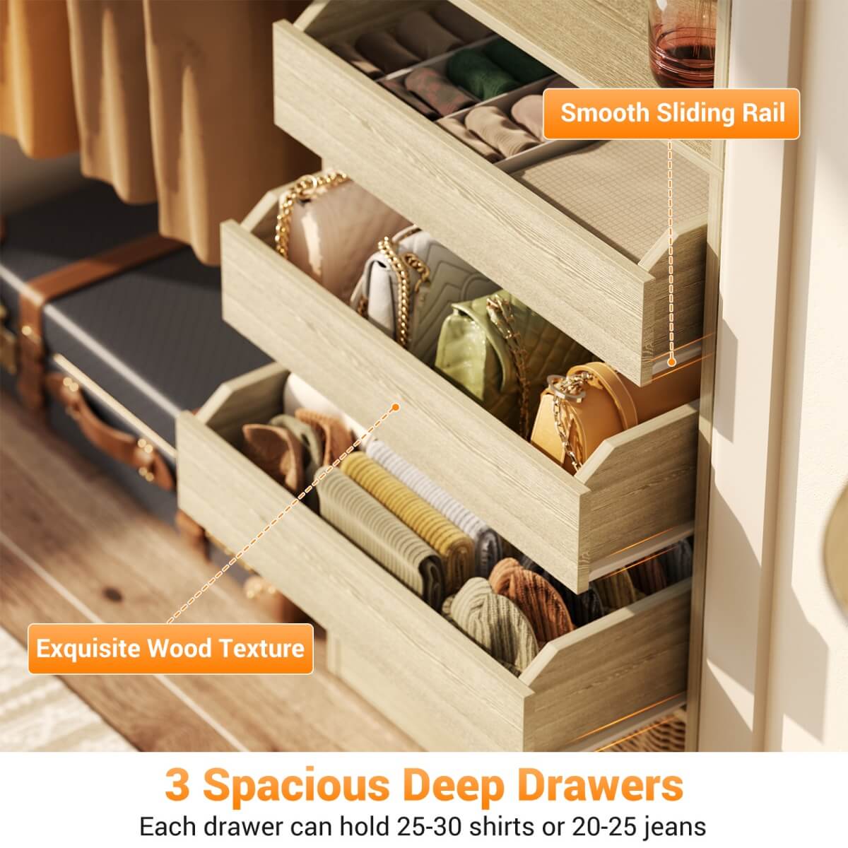 5FT Closet Organizer System with 3 Drawers and 2 Hanging Rods, Reversible Design
