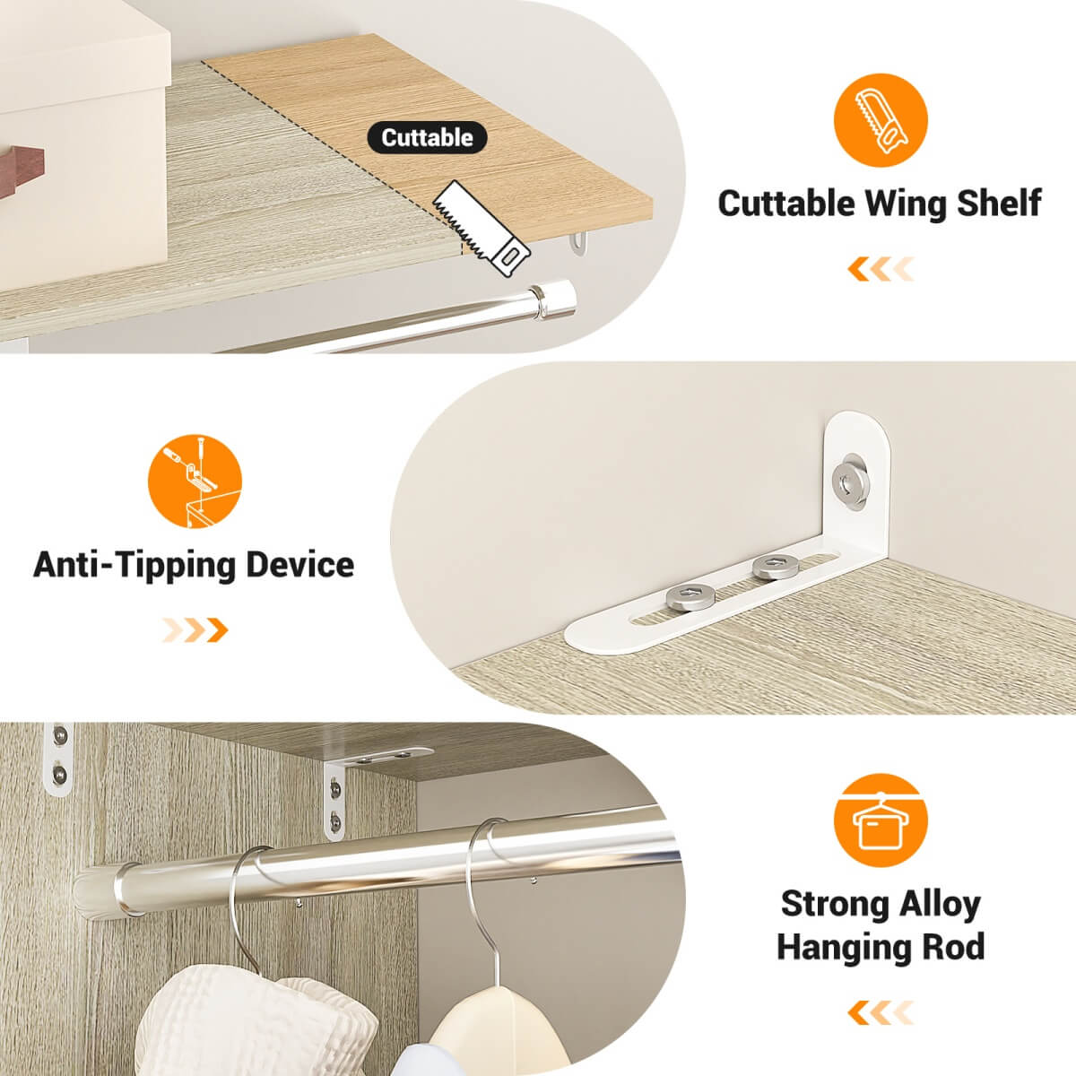 5FT Closet Organizer System with 3 Drawers and 2 Hanging Rods, Reversible Design