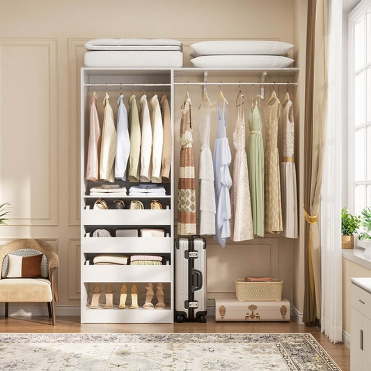 5FT Closet Organizer System with 3 Drawers and 2 Hanging Rods, Reversible Design