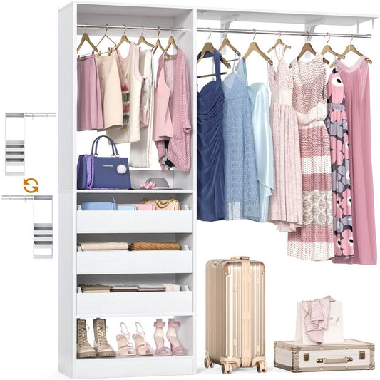 5FT Closet Organizer System with 3 Drawers and 2 Hanging Rods, Reversible Design