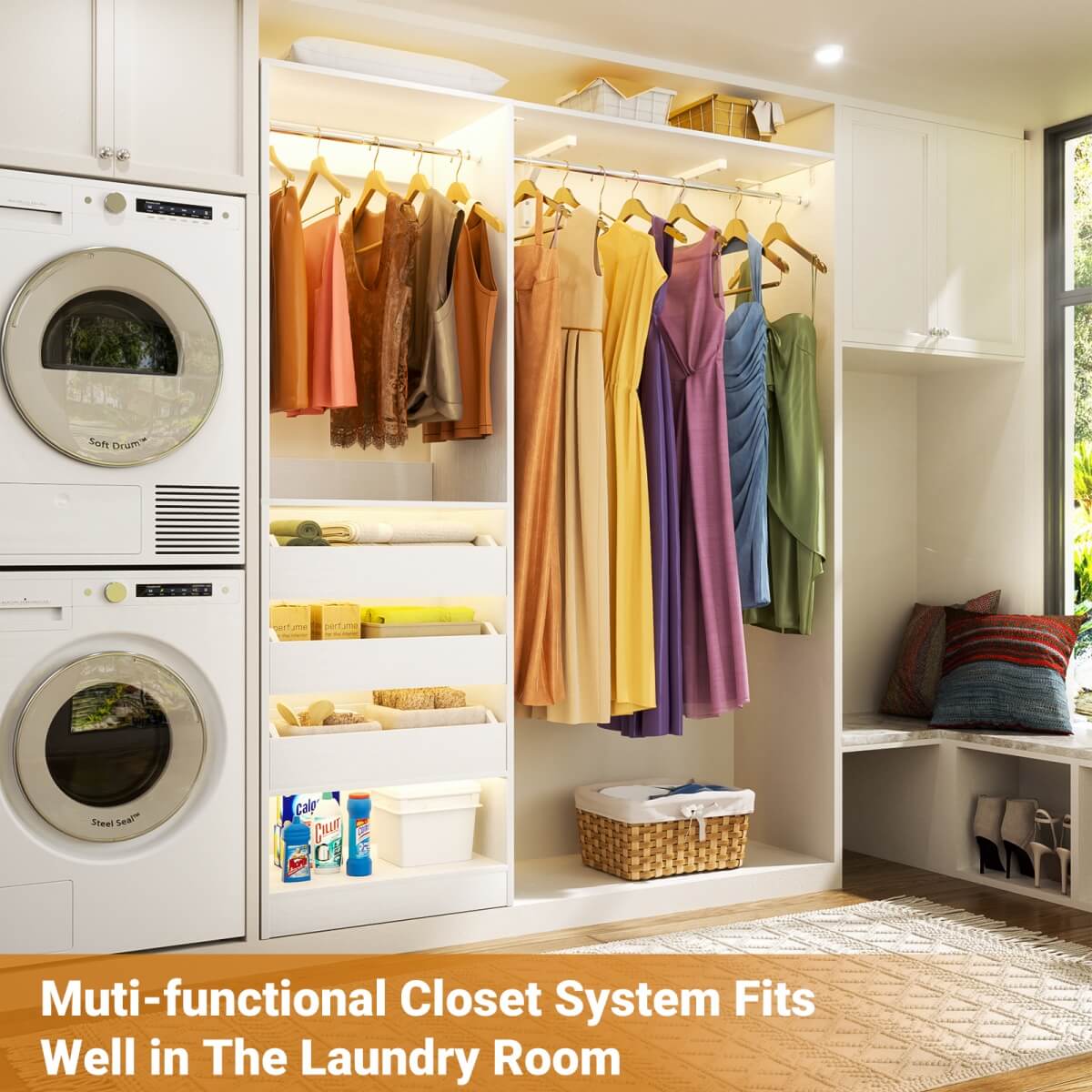 5FT Closet Organizer System with 3 Drawers and 2 Hanging Rods, Reversible Design