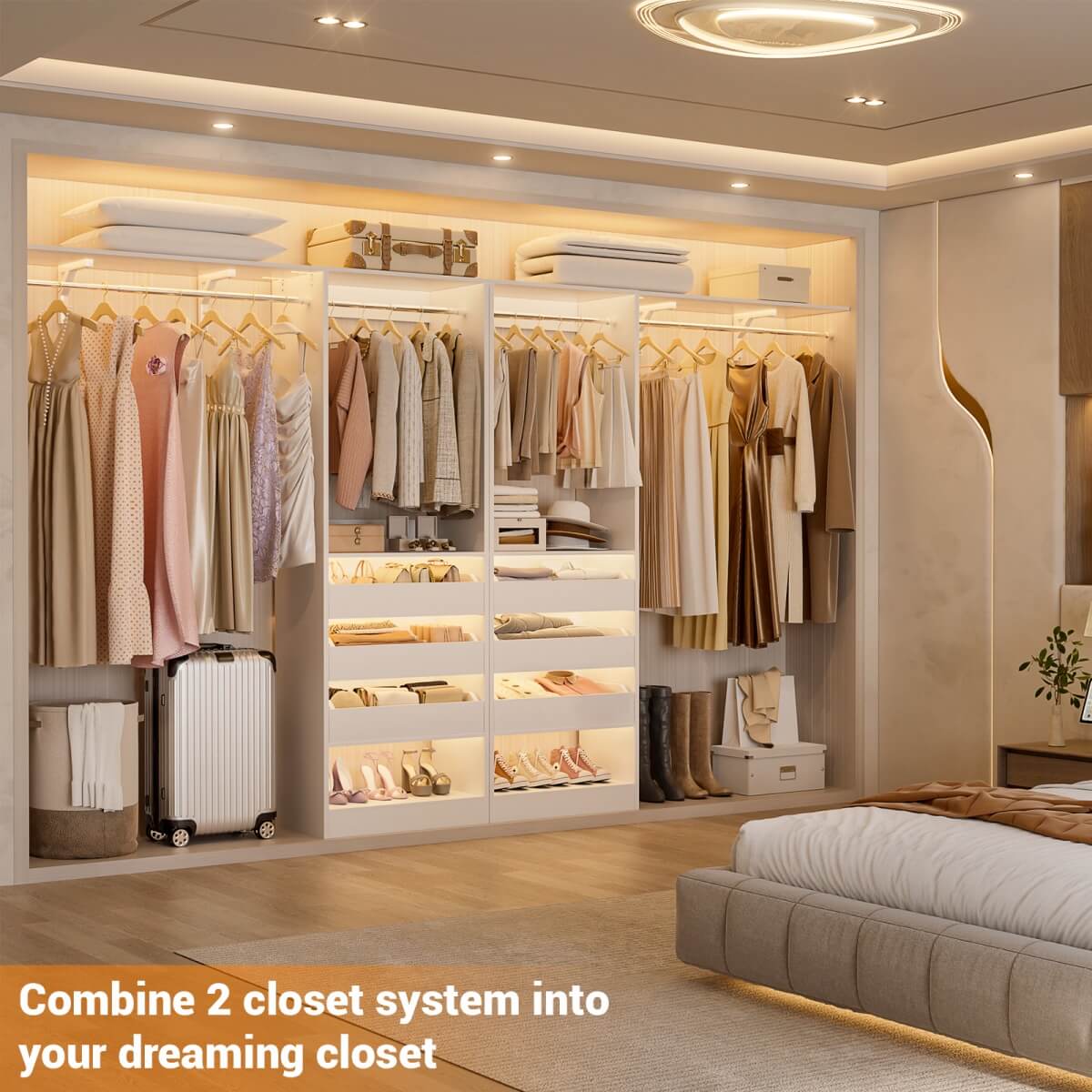 5FT Closet Organizer System with 3 Drawers and 2 Hanging Rods, Reversible Design