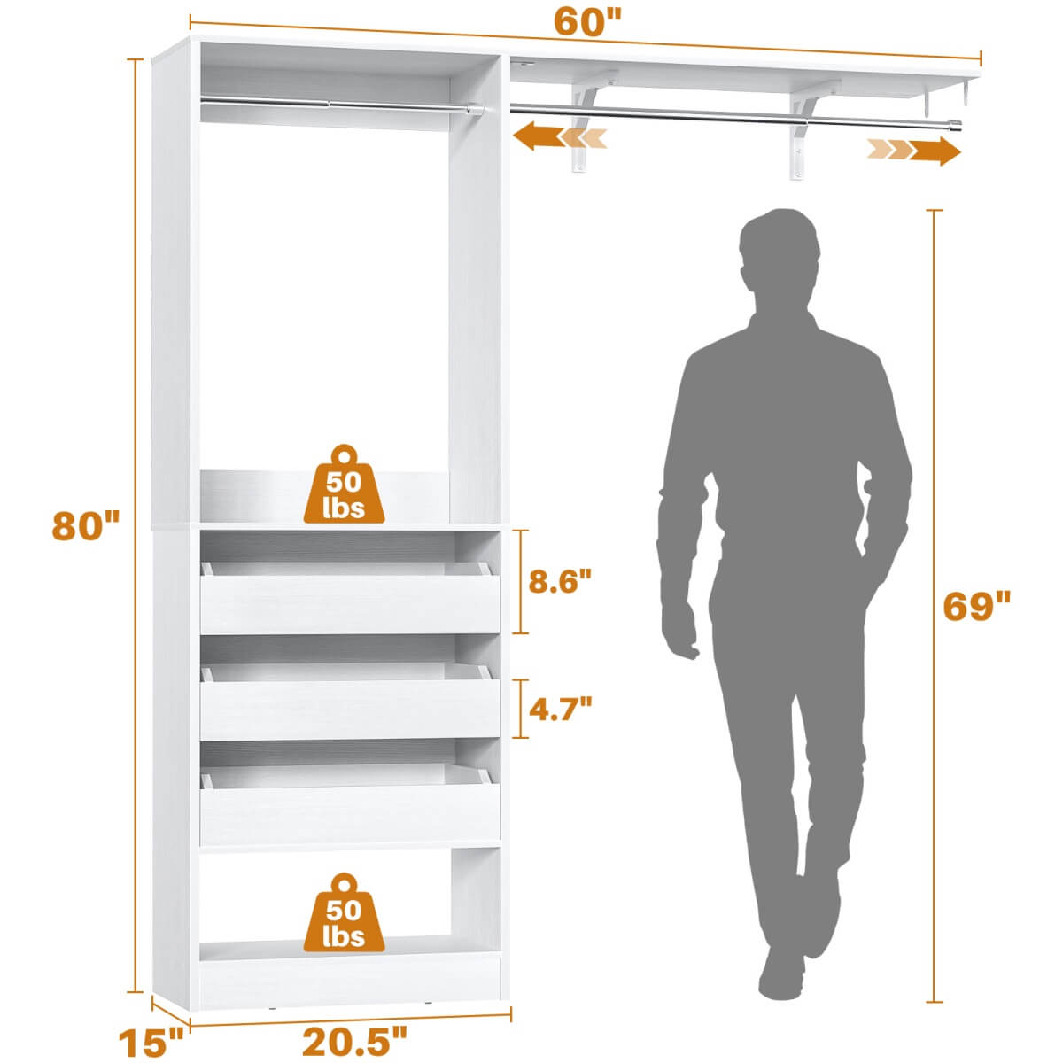5FT Closet Organizer System with 3 Drawers and 2 Hanging Rods, Reversible Design