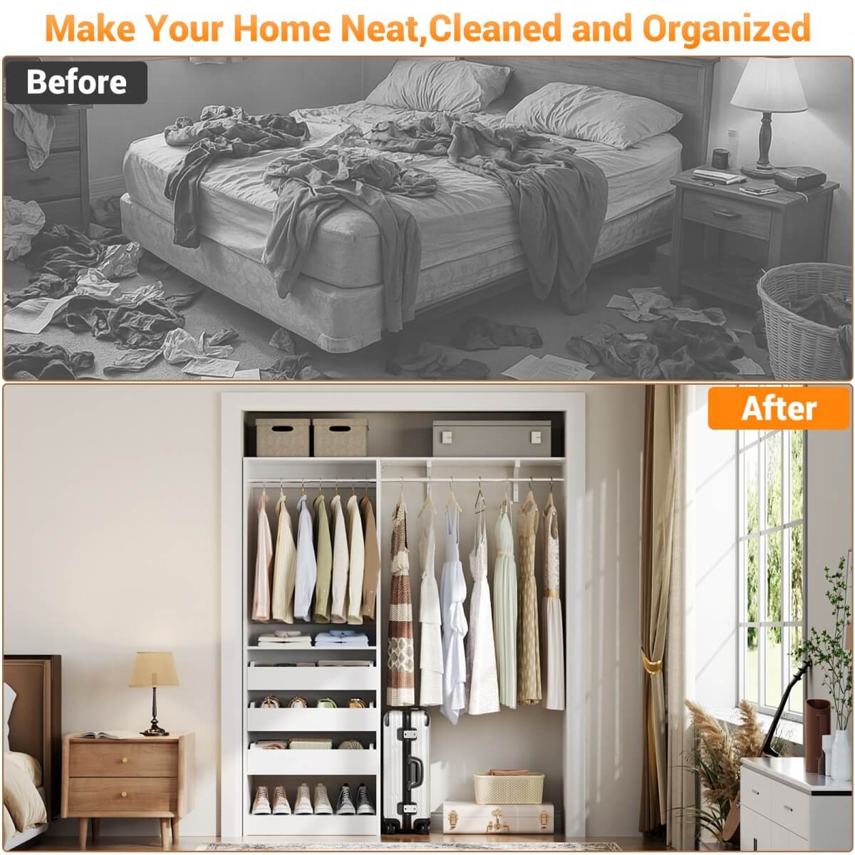 5FT Closet Organizer System with 3 Drawers and 2 Hanging Rods, Reversible Design