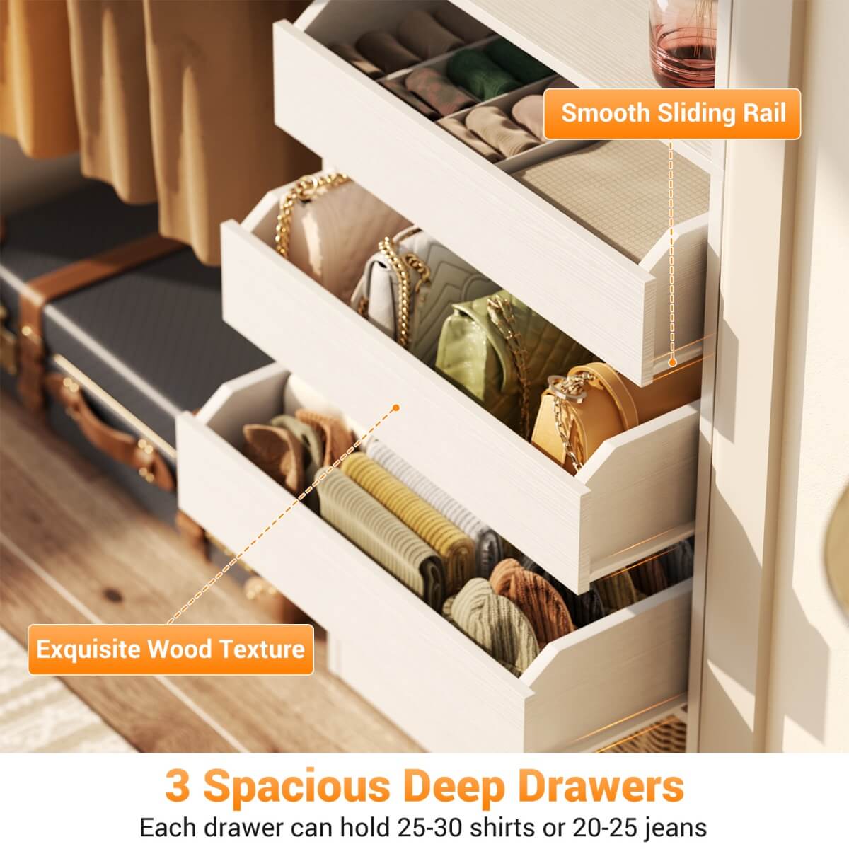 5FT Closet Organizer System with 3 Drawers and 2 Hanging Rods, Reversible Design