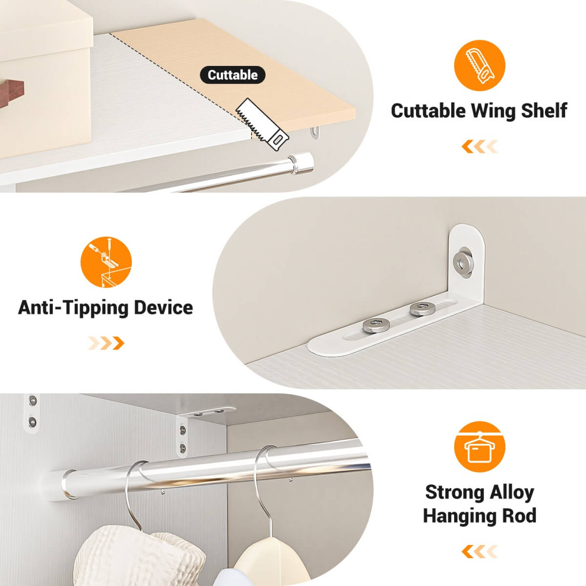 5FT Closet Organizer System with 3 Drawers and 2 Hanging Rods, Reversible Design