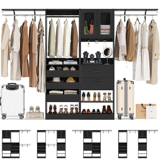 120'' Closet System with 2 Sets, 10FT Walk in Closet Organizer with 5 Drawers & 3 Hanging Rods, Reversible