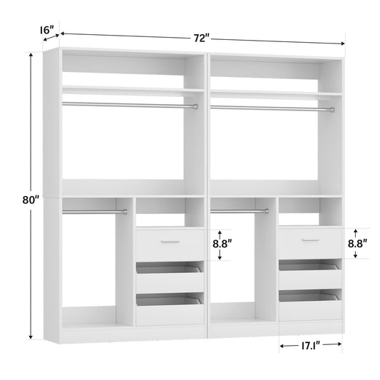 72''W x 16''D x 80''H Closet Organizer System 2-Piece Set, Heavy Duty Closet System with 6 Drawers, 4 Hanging Rods & Shelves