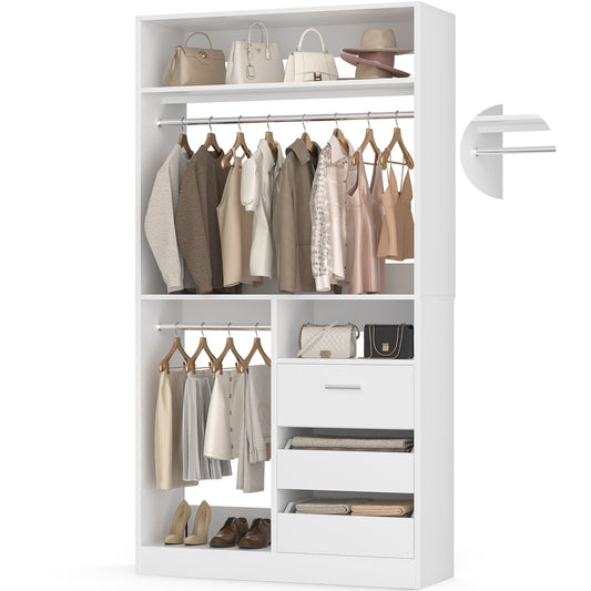 3FT Walk-in Closet System with 3 Drawers, 36'' Floor Standing Wardrobe Closet with 2 Hanging Rods & Storage Shelves