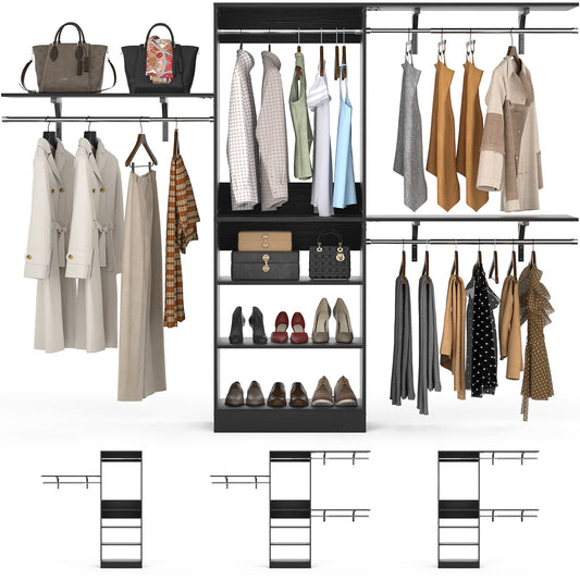 96'' Closet System with 3 Shelving Towers, 8FT Closet Organizer with Storage Shelves and Hanging Rods