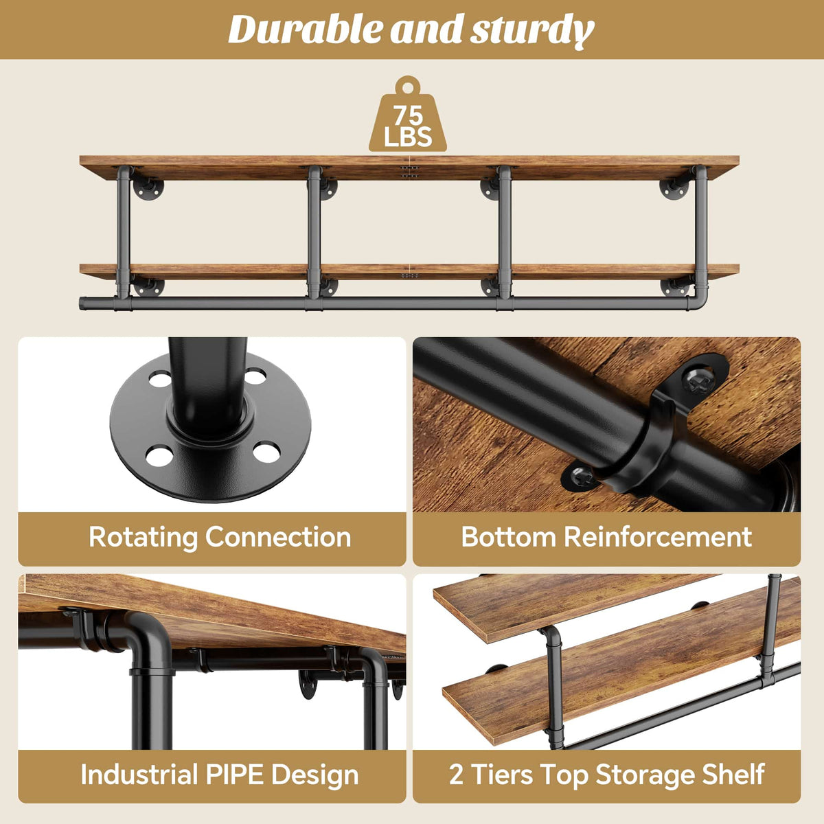 59'' Wall Mounted Industrial Pipe Clothes Rack with Top Shelf, 2 Tiers Space Saving Clothing Rack with Hanging Rod