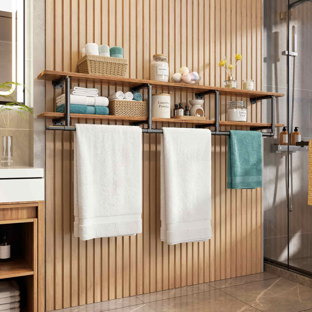 72.5'' Wall Mounted Clothes Rack with Top Shelf, 2 Tiers Industrial Pipe Clothing Rack