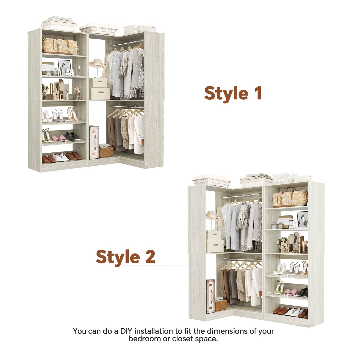 Corner Closet Organizer with Shoe Rack Tower and 2 Hanging Rods