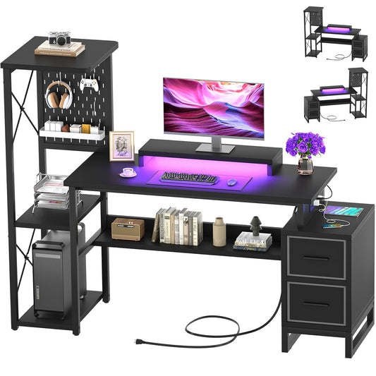 53" Gaming Desk with 2 Fabric Drawers, LED Lights & Pegboard, Reversible
