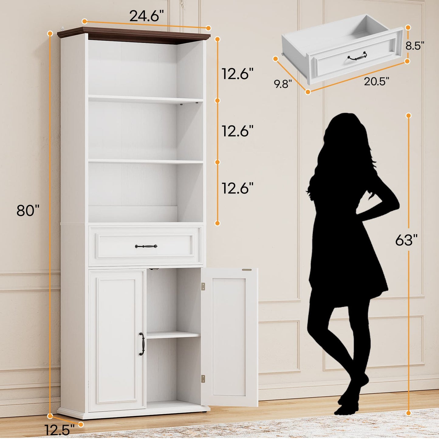 80'' Tall Bookcase with Drawer and Cabinet, Floor Standing Bookcase with 3-Tier Shelves