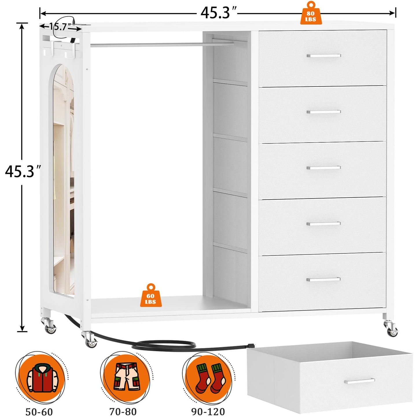 5-Drawer Dresser for Bedroom with Charging Station & Mirror