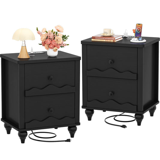 Nightstands Set of 2, Modern Nightstand with Power Outlet and 2 Wave Pattern Drawers