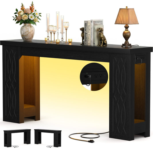 47'' Farmhouse Console Table with Charging Station and LED Lights