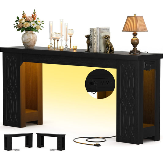 63'' Farmhouse Console Table with Charging Station and LED Lights