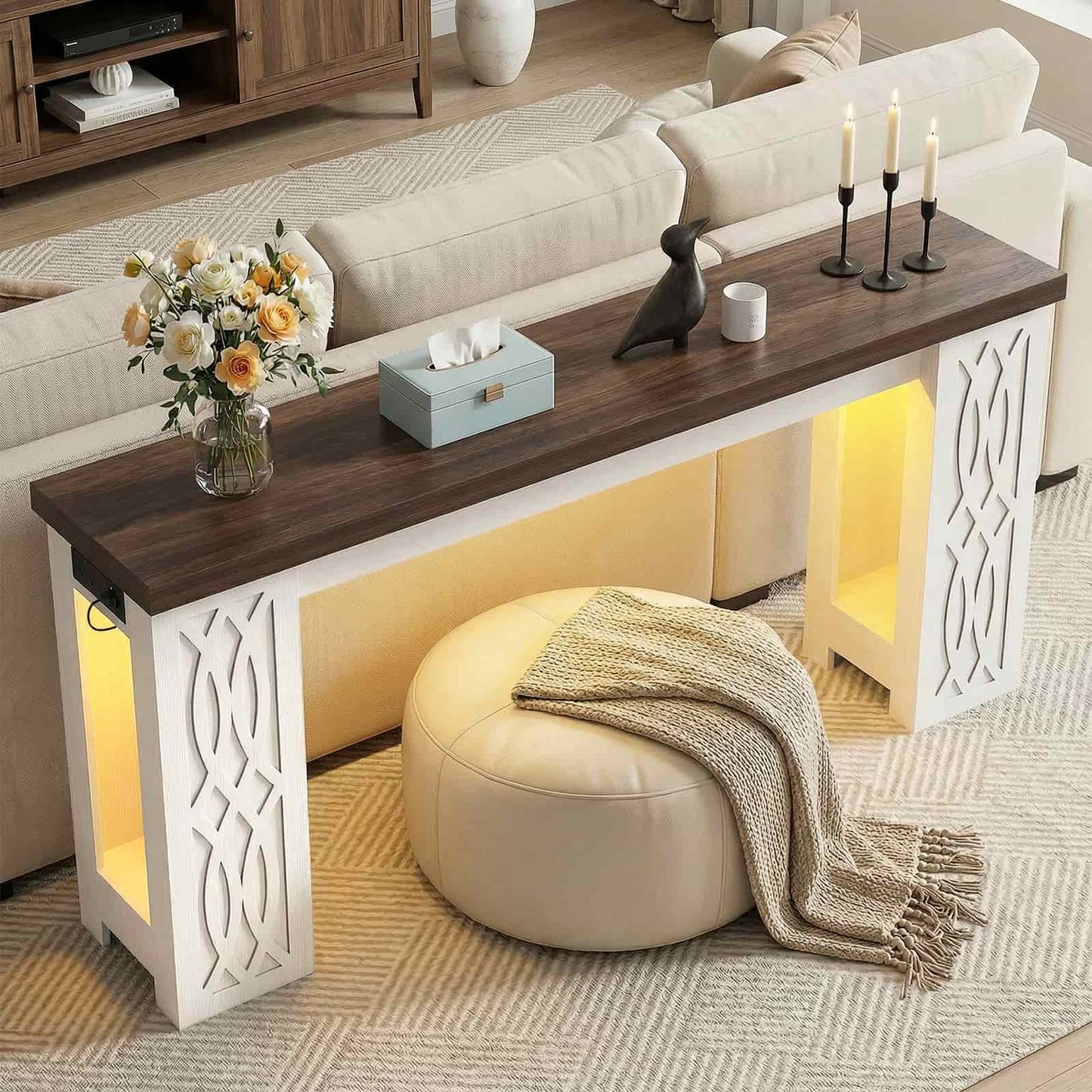 63'' Farmhouse Console Table with Charging Station and LED Lights