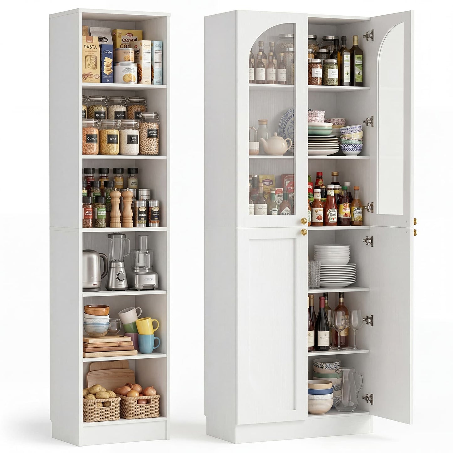 80'' Tall Farmhouse Pantry Cabinet with Arched Doors and Adjustable Shelves, Set of 2