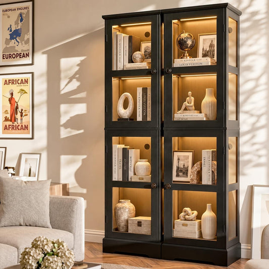 2-Pack Homieasy LED Bookcase with Glass Doors, Tall Display Bookshelf with RGB Lighting, Small Glass Door Cabinet