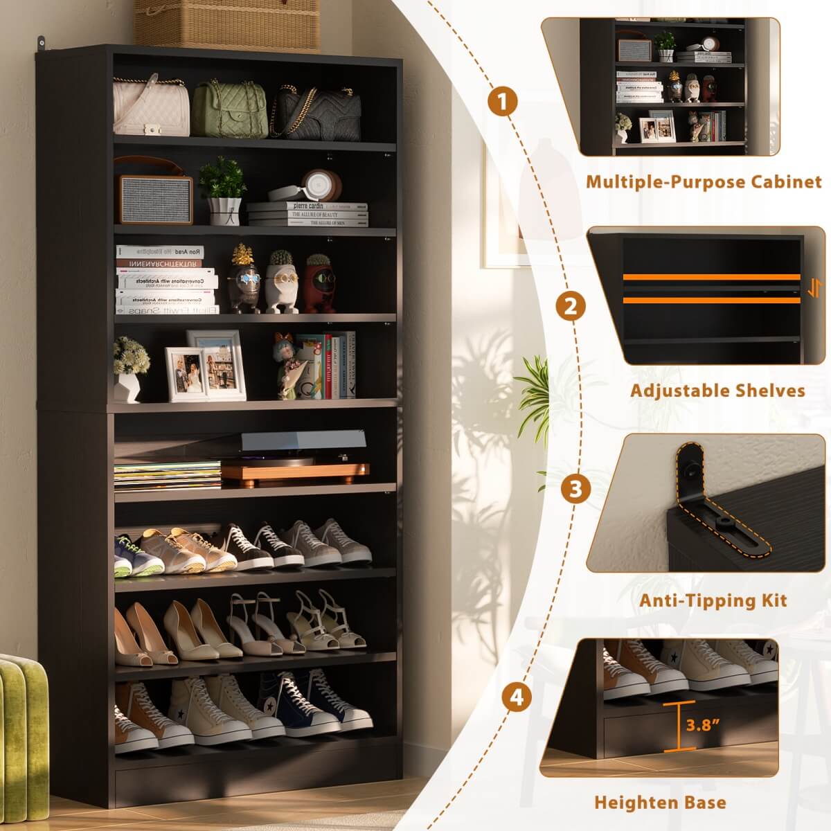 9-Tier Wood Tall Shoe Cabinet, Adjustable, 32-36 Pairs of Shoes Capacity
