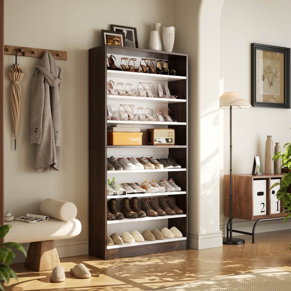 9-Tier Wood Tall Shoe Cabinet, Adjustable, 32-36 Pairs of Shoes Capacity