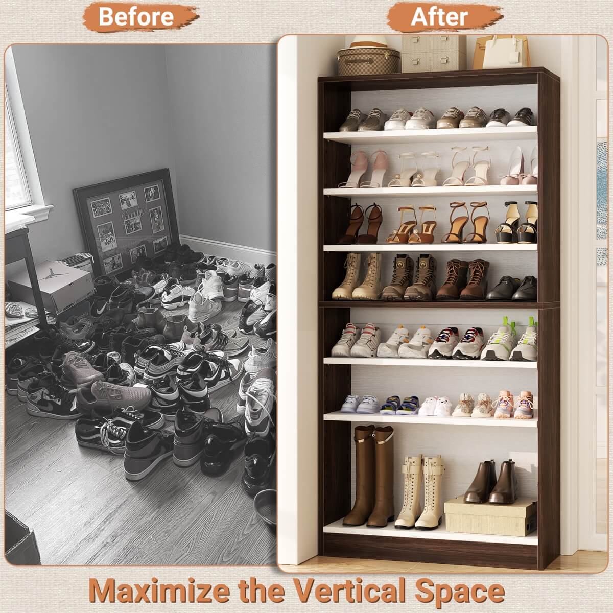 9-Tier Wood Tall Shoe Cabinet, Adjustable, 32-36 Pairs of Shoes Capacity