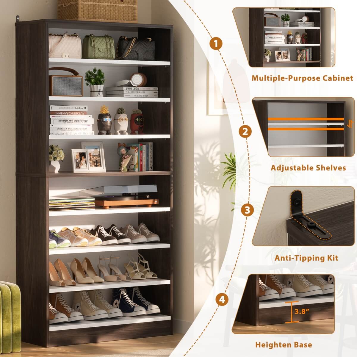 9-Tier Wood Tall Shoe Cabinet, Adjustable, 32-36 Pairs of Shoes Capacity