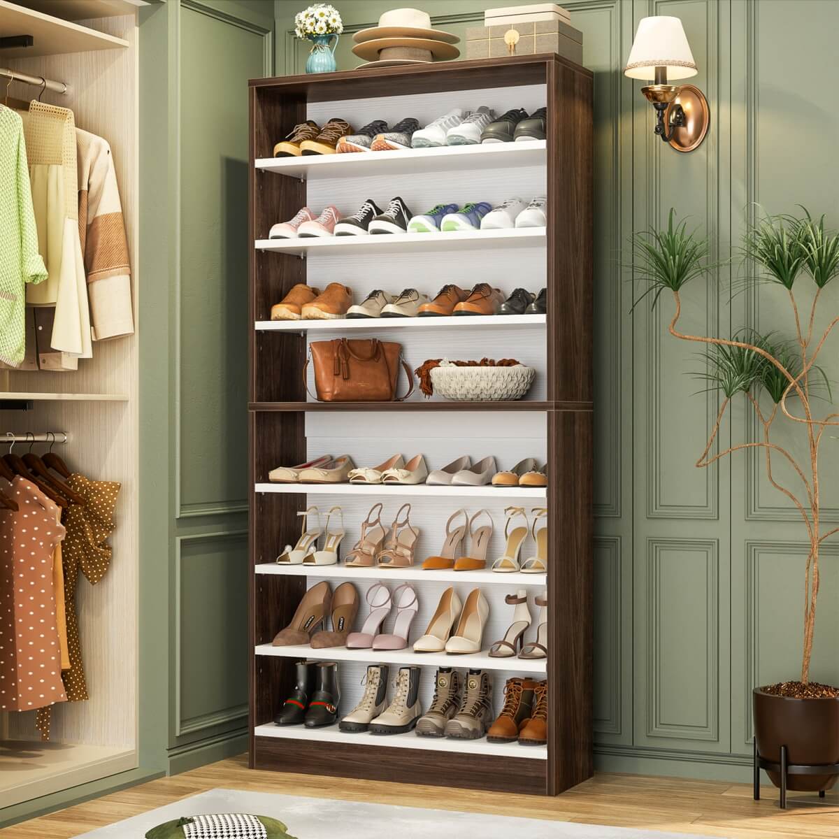 9-Tier Wood Tall Shoe Cabinet, Adjustable, 32-36 Pairs of Shoes Capacity
