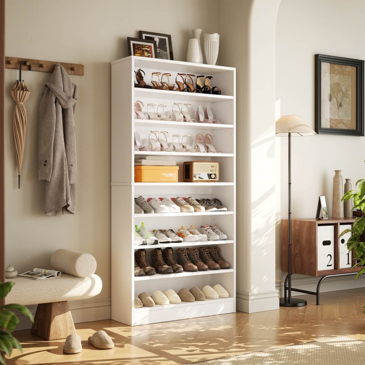 9-Tier Wood Tall Shoe Cabinet, Adjustable, 32-36 Pairs of Shoes Capacity