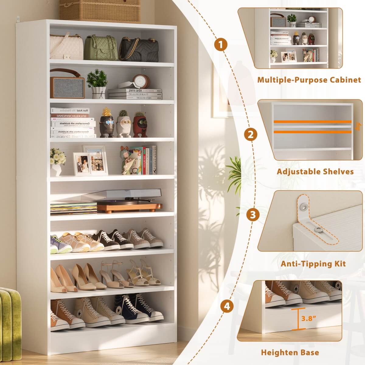 9-Tier Wood Tall Shoe Cabinet, Adjustable, 32-36 Pairs of Shoes Capacity