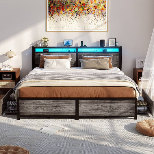 Bed Frame with 4 Storage Drawers and Charging Station, Sturdy Platform Bed for Bedroom