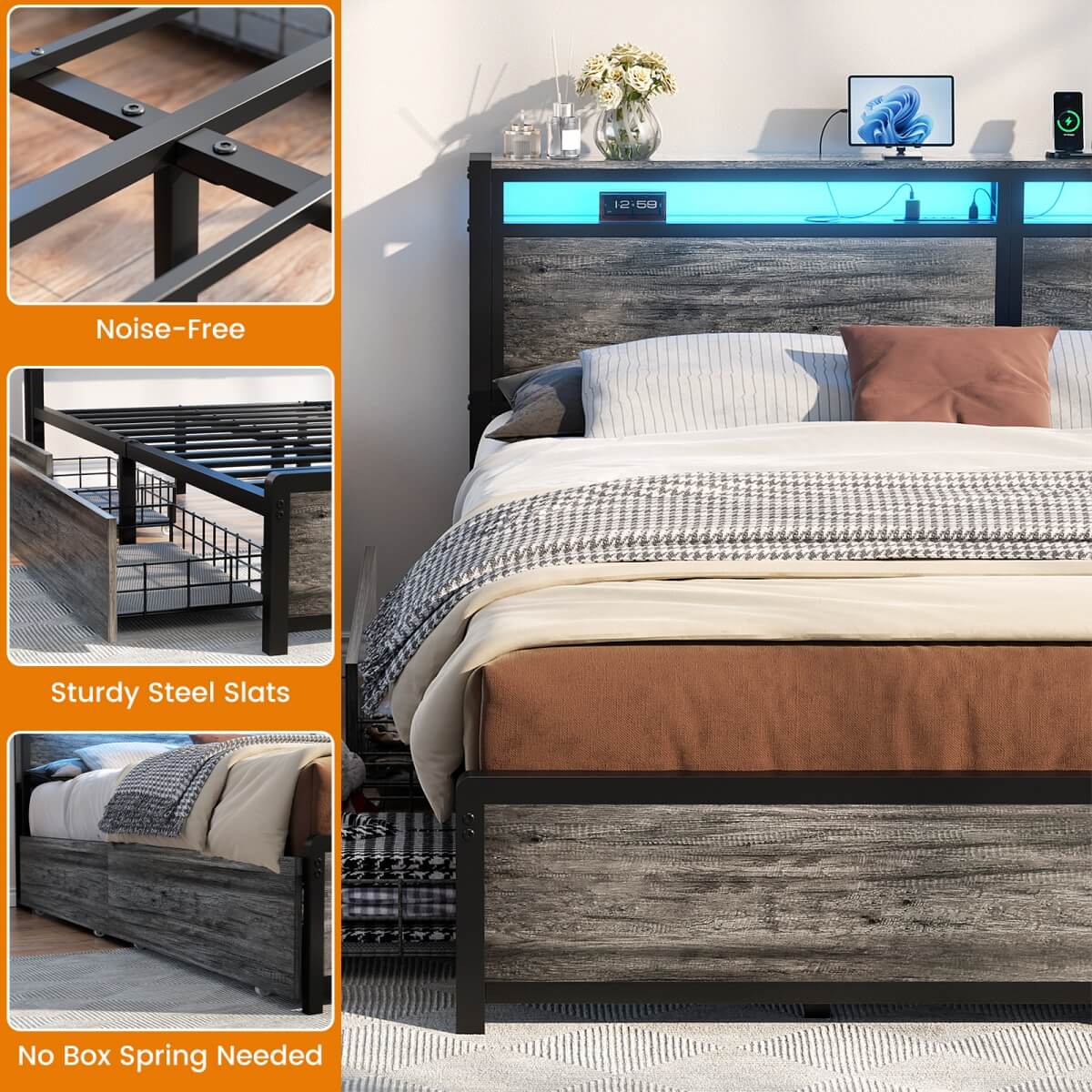 Bed Frame with 4 Storage Drawers and Charging Station, Sturdy Platform Bed for Bedroom
