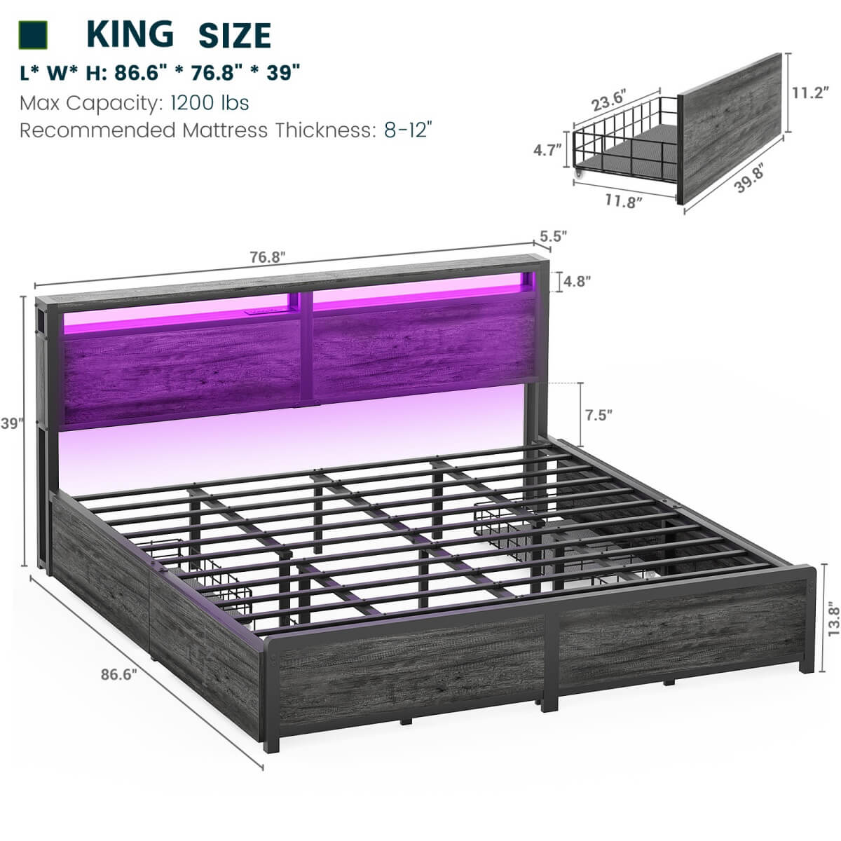 Bed Frame with 4 Storage Drawers and Charging Station, Sturdy Platform Bed for Bedroom