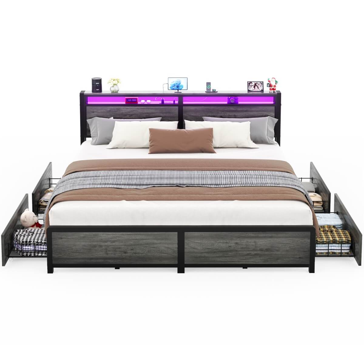 Bed Frame with 4 Storage Drawers and Charging Station, Sturdy Platform Bed for Bedroom