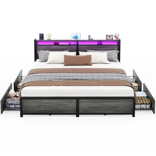 Bed Frame with 4 Storage Drawers and Charging Station, Sturdy Platform Bed for Bedroom