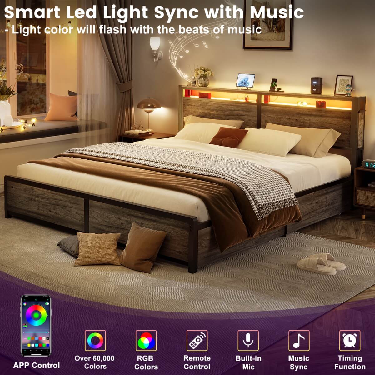 Bed Frame with 4 Storage Drawers and Charging Station, Sturdy Platform Bed for Bedroom