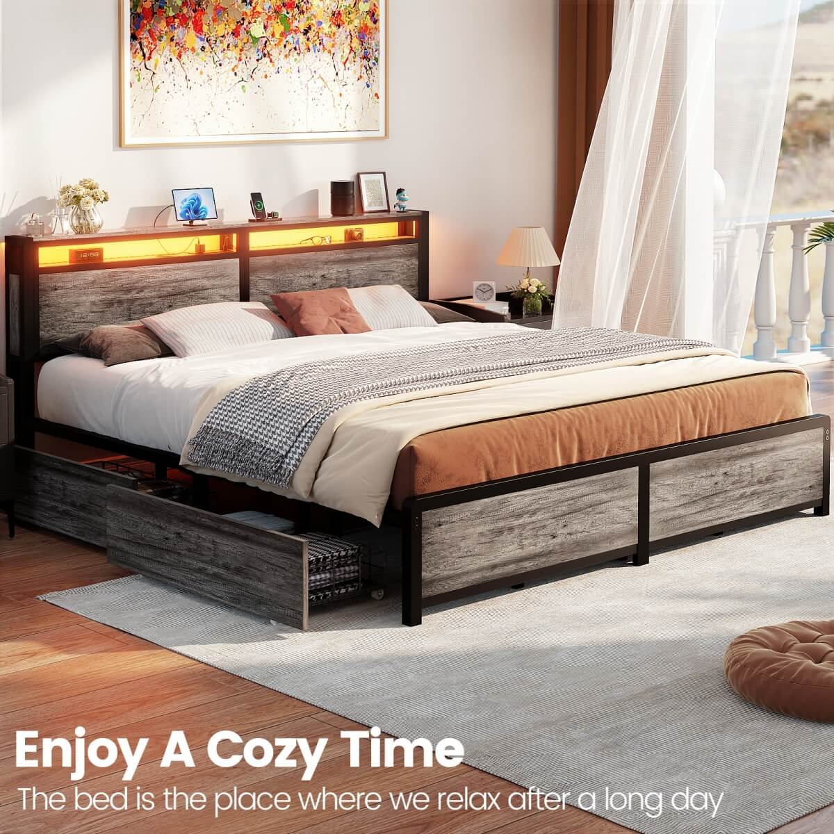 Bed Frame with 4 Storage Drawers and Charging Station, Sturdy Platform Bed for Bedroom