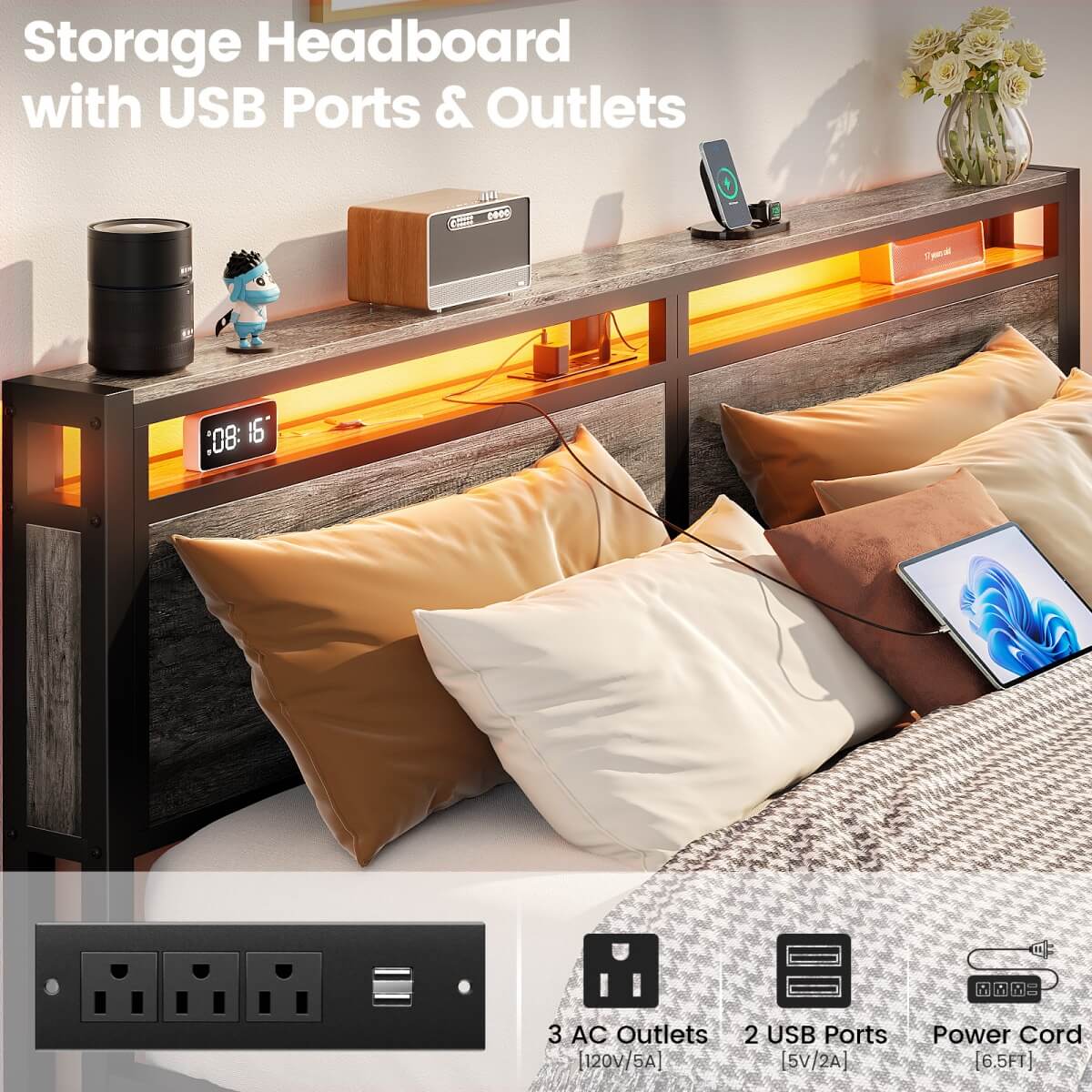 Bed Frame with 4 Storage Drawers and Charging Station, Sturdy Platform Bed for Bedroom
