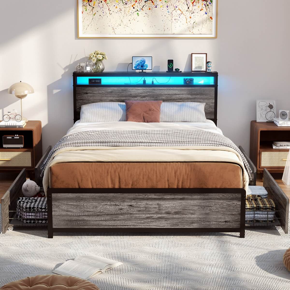 Bed Frame with 4 Storage Drawers and Charging Station, Sturdy Platform Bed for Bedroom