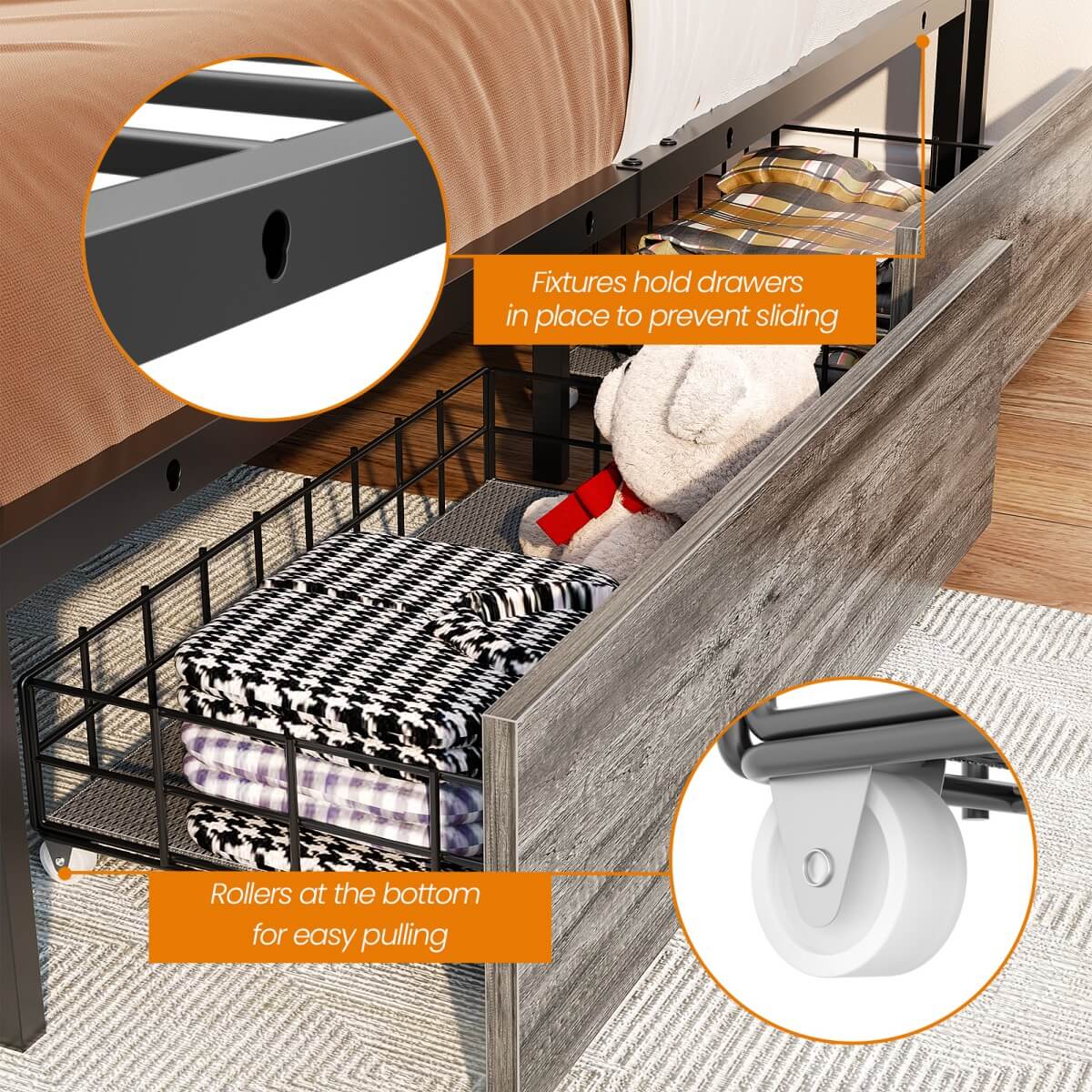 Bed Frame with 4 Storage Drawers and Charging Station, Sturdy Platform Bed for Bedroom