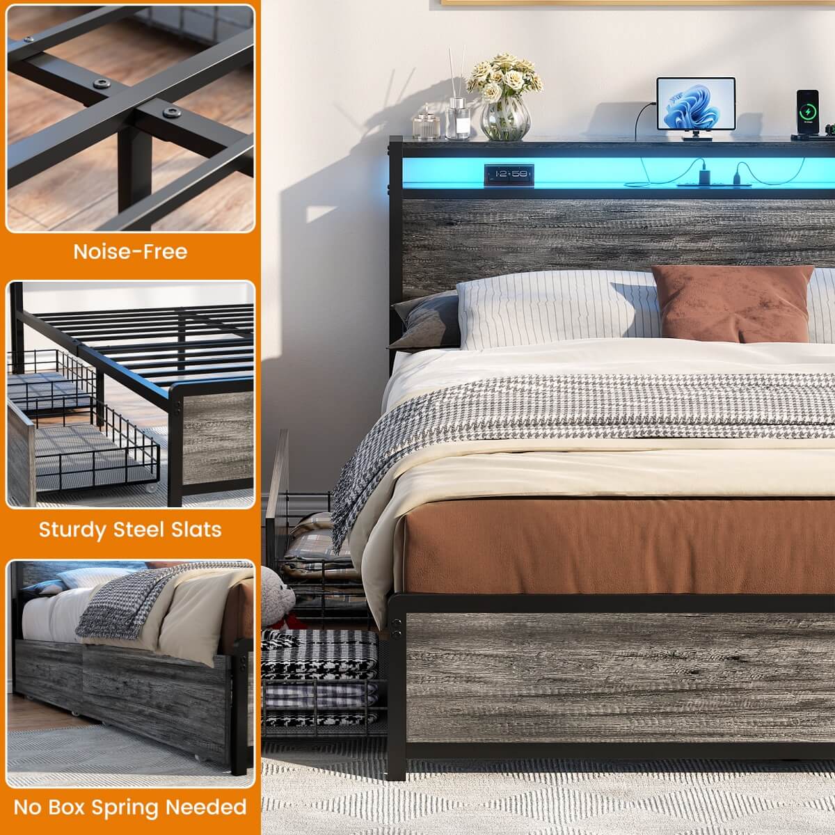 Bed Frame with 4 Storage Drawers and Charging Station, Sturdy Platform Bed for Bedroom